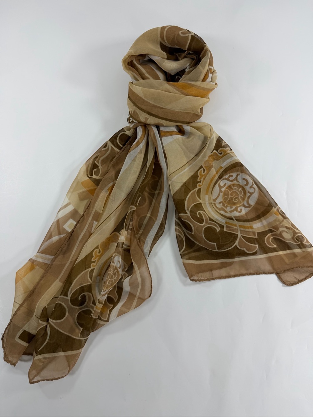 Equestrian Horseshoe Oblong Scarf‎ Taupe Brown Cream Chiffon Sheer Wrap 64x21
